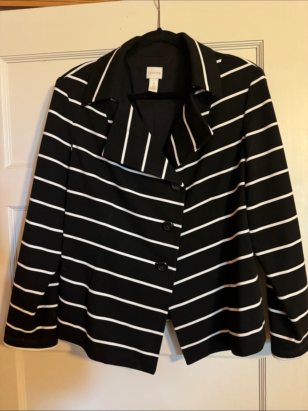 Chico's Black and White Striped Button Blazer Looks great at Halloween lined